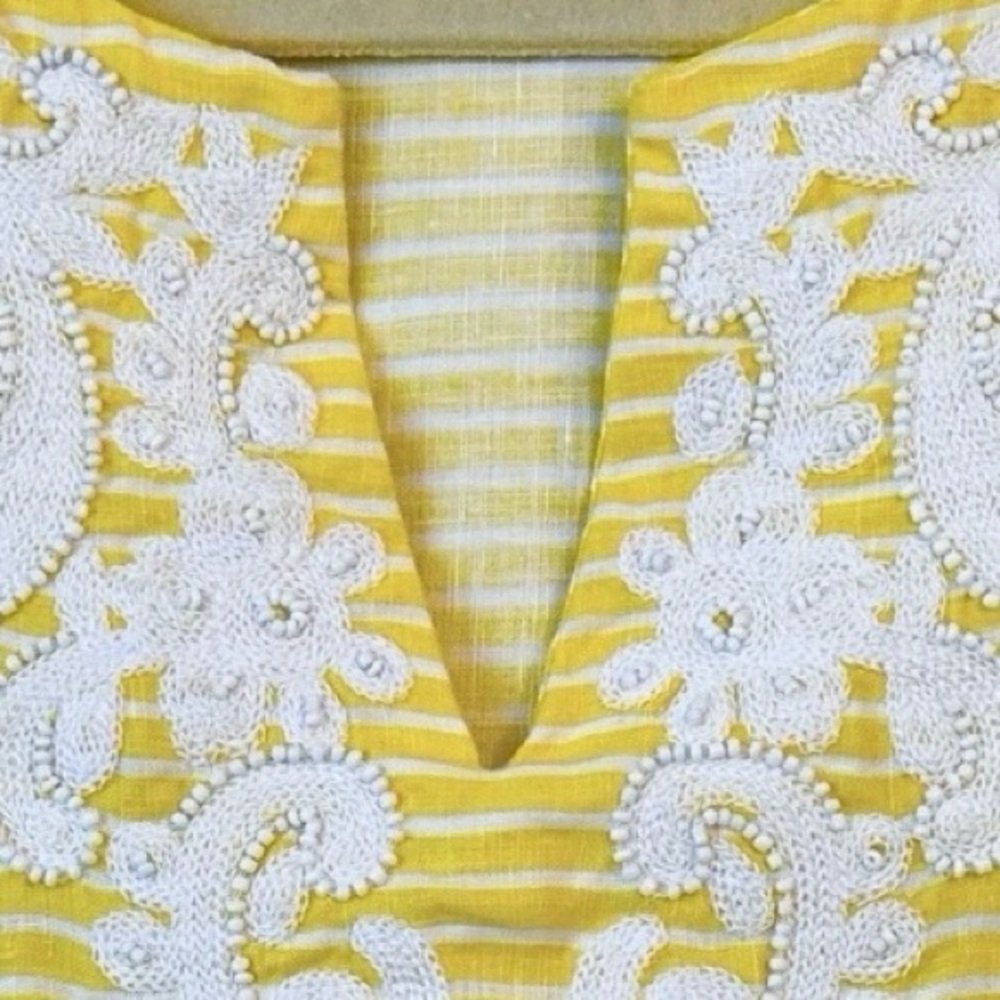 Talbots M Linen Top Yellow White Stripe V Notch Embroidery Beaded Coastal Beach - Picture 8 of 13